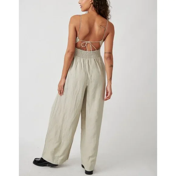 Free People Emma Linen Jumpsuit Alfalfa Size Large - Picture 7 of 16